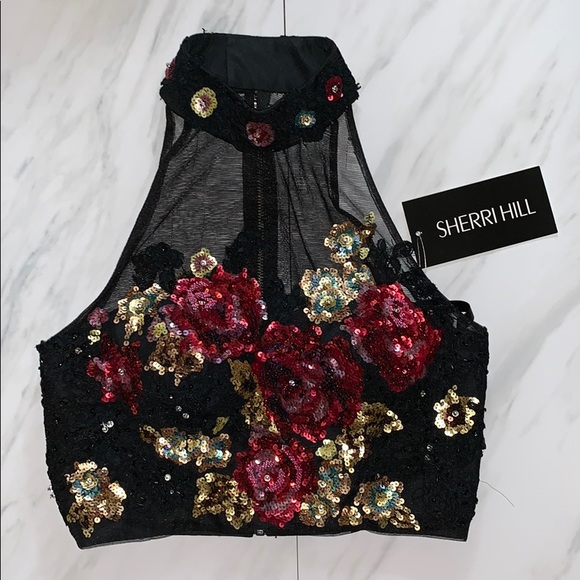 Sherri Hill Tops - Sherri Hill Black and Red Sequin Floral Top